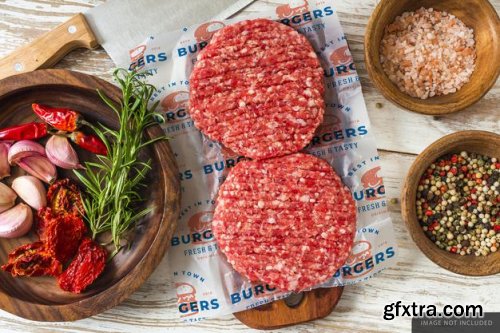 Hamburger raw meat wrapping paper olives jar Food on the table mockup