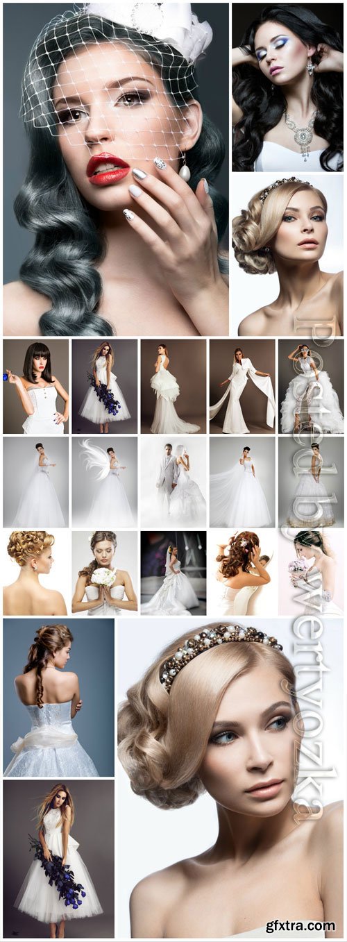 Brides with beautiful hairstyles and wedding dresses stock photo