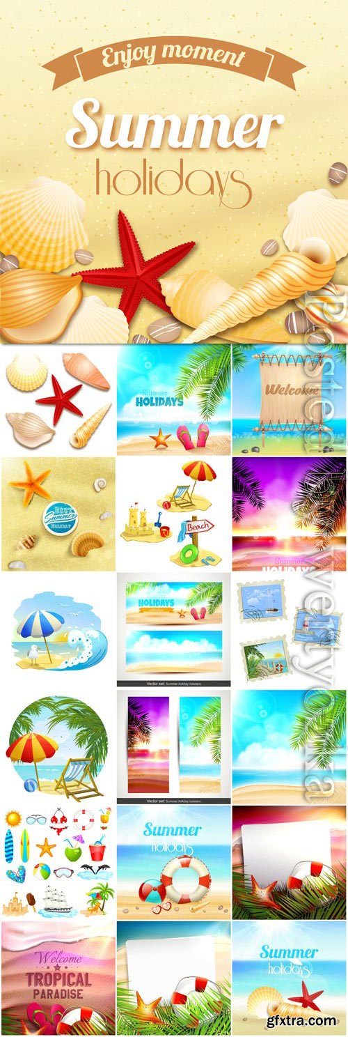 Summer vacation, sea, palm trees, cocktails in vector vol 20