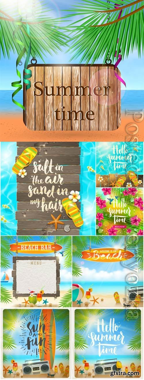 Summer vacation, sea, palm trees, cocktails in vector vol 16