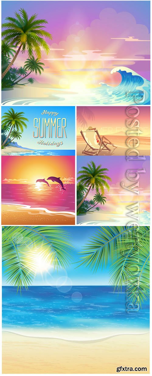 Summer vacation, sea, palm trees, cocktails in vector vol 14