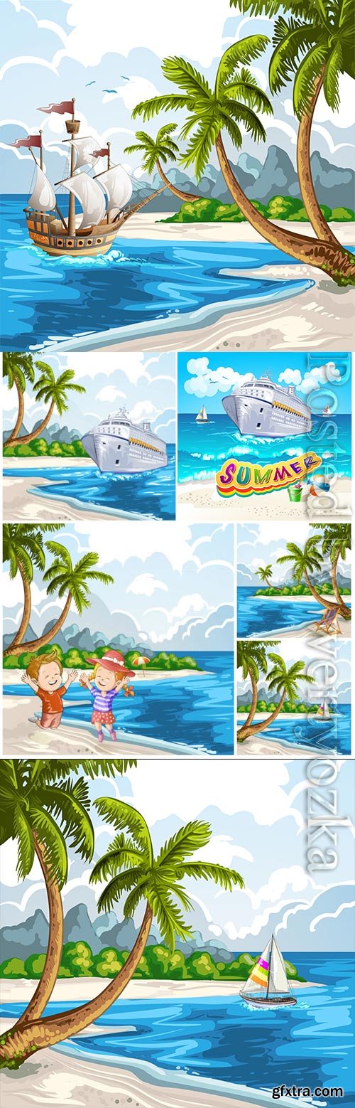 Summer vacation, sea, palm trees, cocktails in vector vol 15