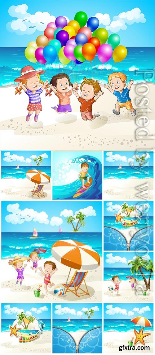 Summer vacation, sea, palm trees, cocktails in vector vol 12