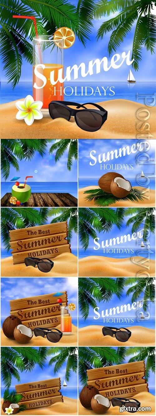 Summer vacation, sea, palm trees, cocktails in vector vol 18