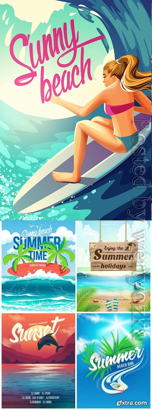 Summer vacation, sea, palm trees, cocktails in vector vol 11