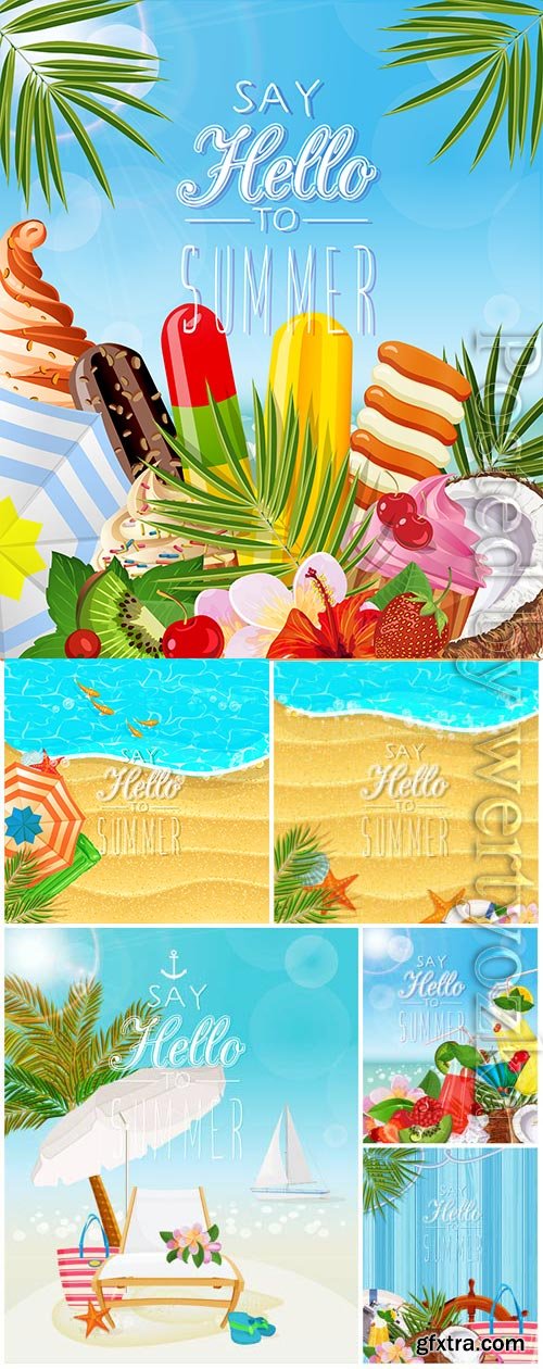 Summer vacation, sea, palm trees, cocktails in vector vol 13