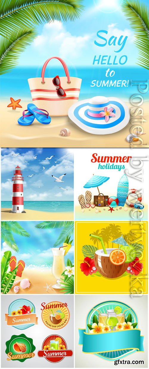 Summer vacation, sea, palm trees, cocktails in vector vol 19