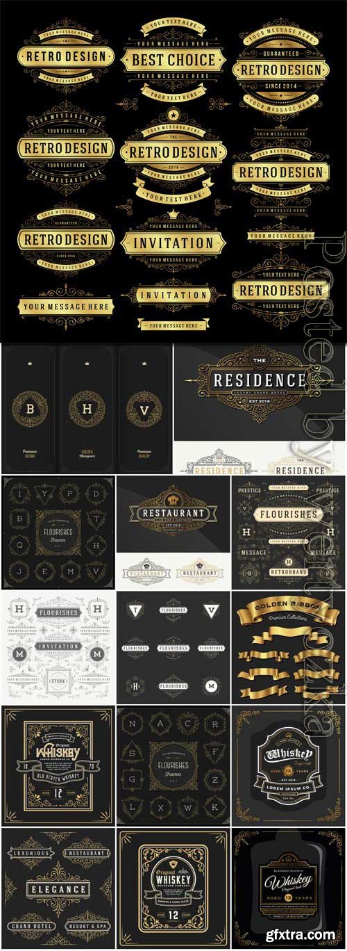 Labels, logos and golden ribbons in vector