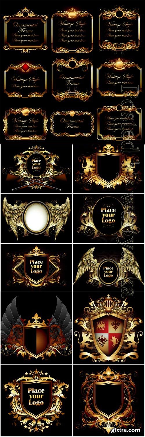 Coat of arms and frames with golden design in vector