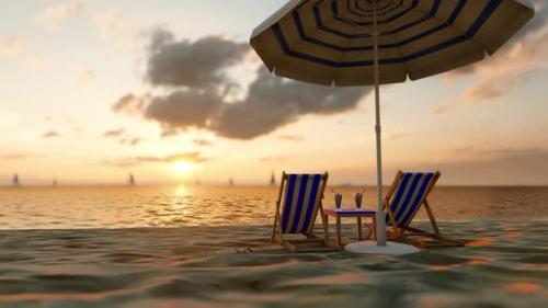 Videohive - Sunny Sandy Beach With a Sun Lounger, Umbrella And a Cocktail - 32443061 - 32443061