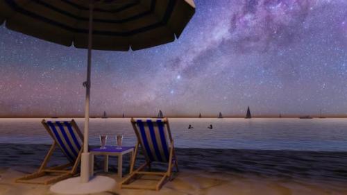 Videohive - Night Sandy Beach With a Sun Lounger, Umbrella And a Cocktail - 32443062 - 32443062