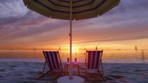 Videohive - Sunset Sandy Beach With a Sun Lounger, Umbrella And a Cocktail - 32443063 - 32443063