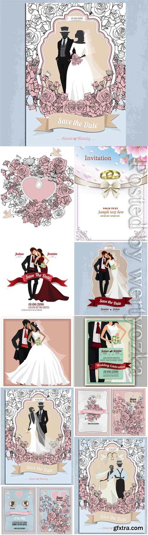 Wedding invitation cards with bride and groom in vector