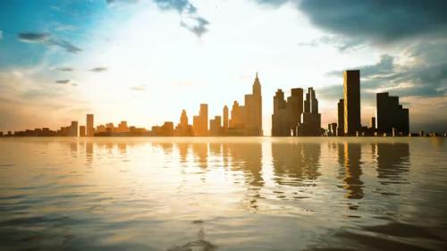 Videohive - Skyline with Skyscrapers and Sea at Sunset - 32496700 - 32496700