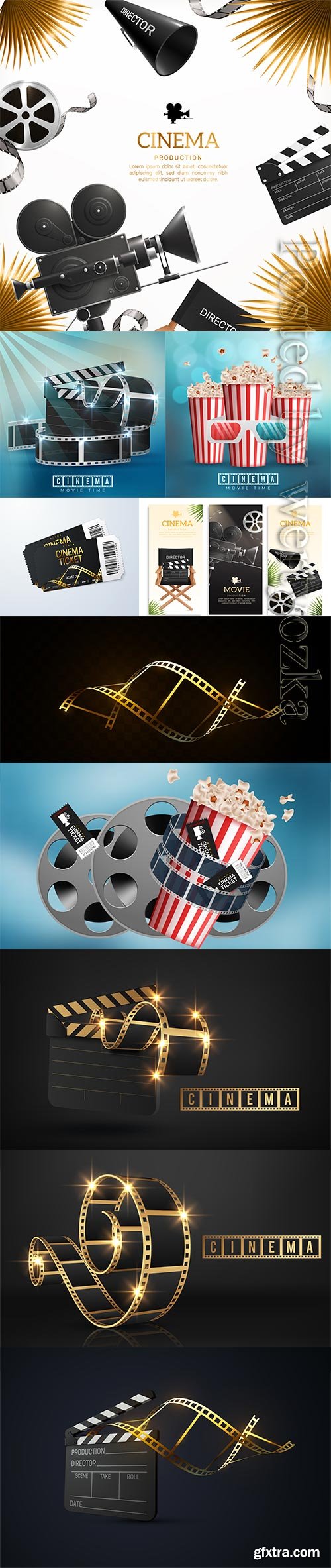 Realistic cinema movie background with film reel, clapper, popcorn, 3d glasses