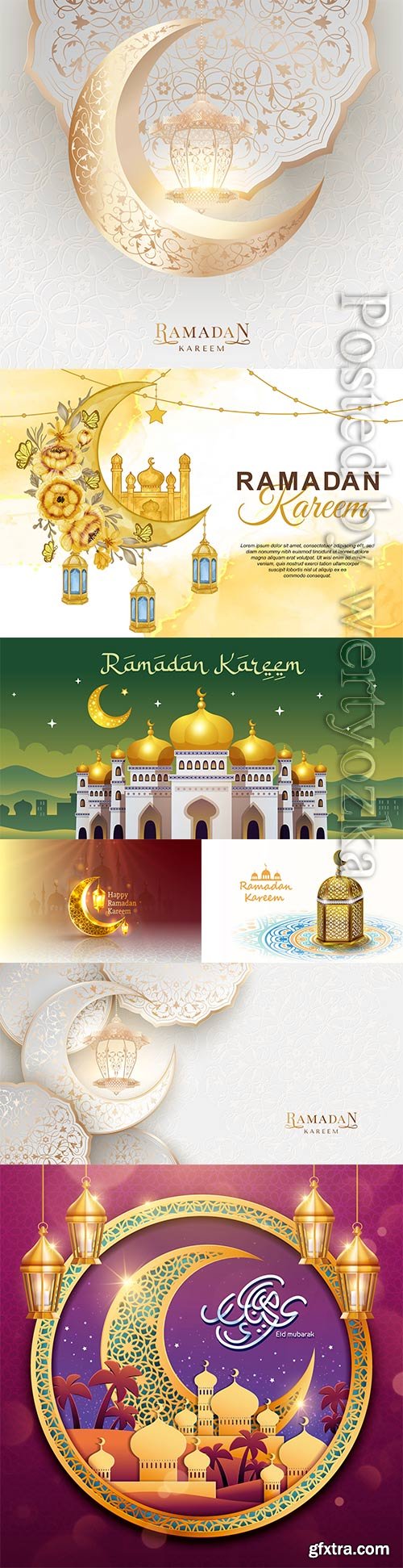 Ramadan kareem greeting card with islamic moon arabesque and lantern