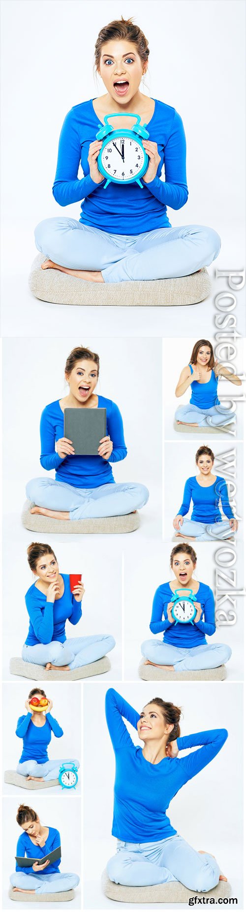 Cheerful young woman in different situations stock photo