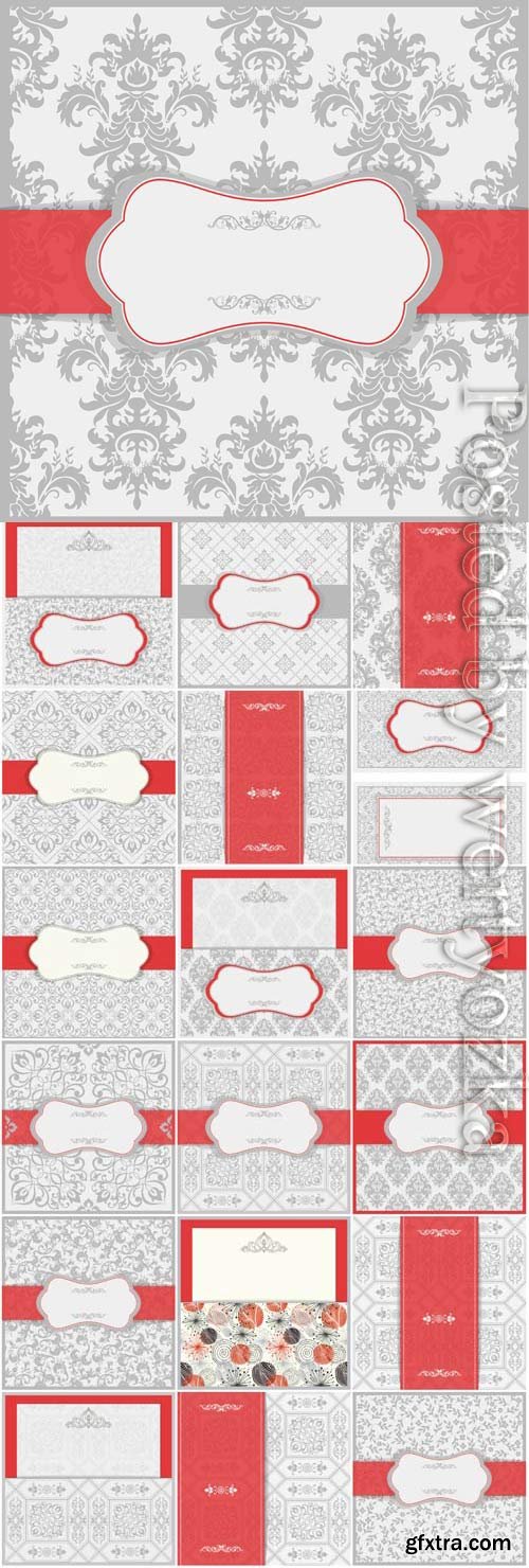 Vintage wedding invitation cards with gray patterns in vector