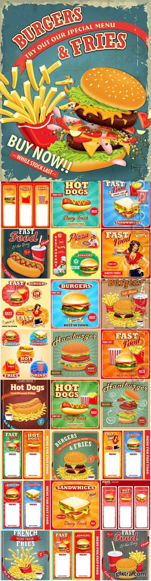 Fast food labels, menus and banners in vector