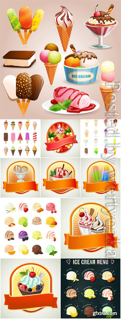 Ice cream and desserts labels in vector