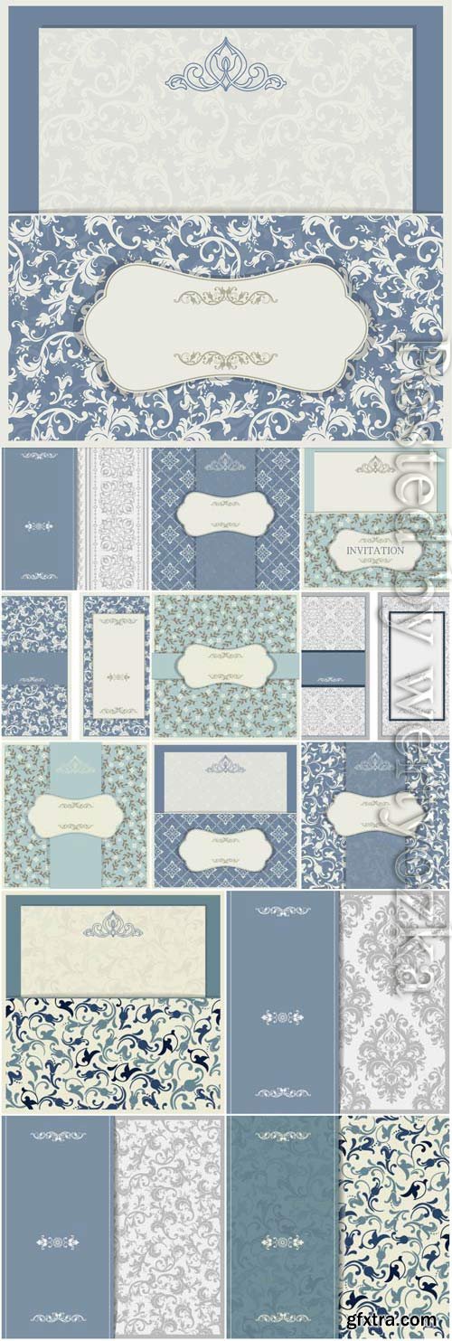 Wedding invitation cards with blue patterns in vector