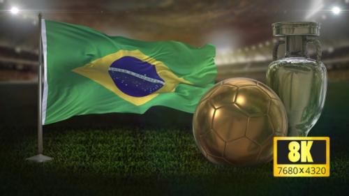 Videohive - 8K Brazil Flag with Football And Cup Background Loop - 32669234 - 32669234