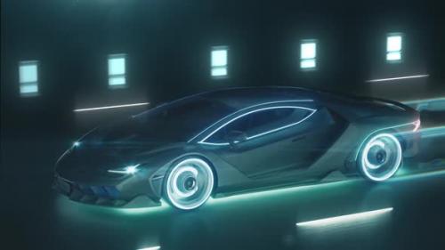 Videohive - Sports Cyber Neon Car Rushes on the Night Road with Neon Lights and Trail - 32669916 - 32669916