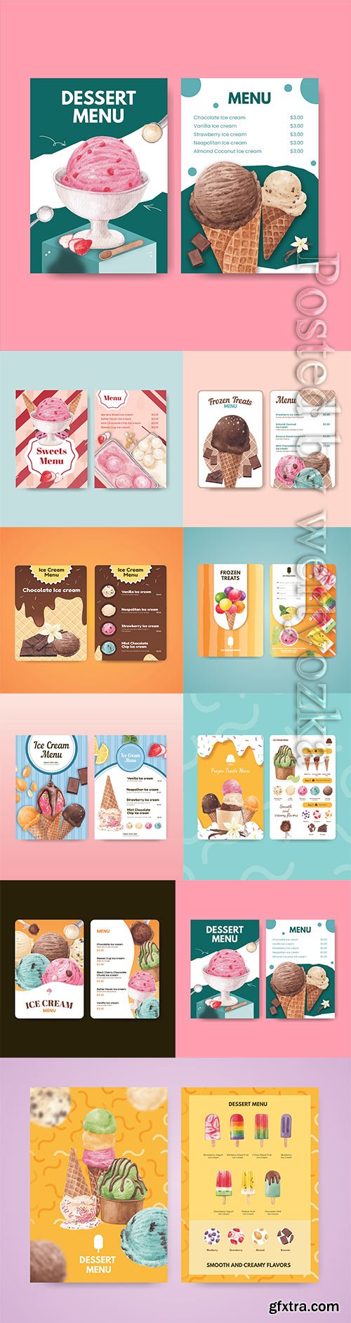 Menu template with ice cream flavor concept, vector watercolor style