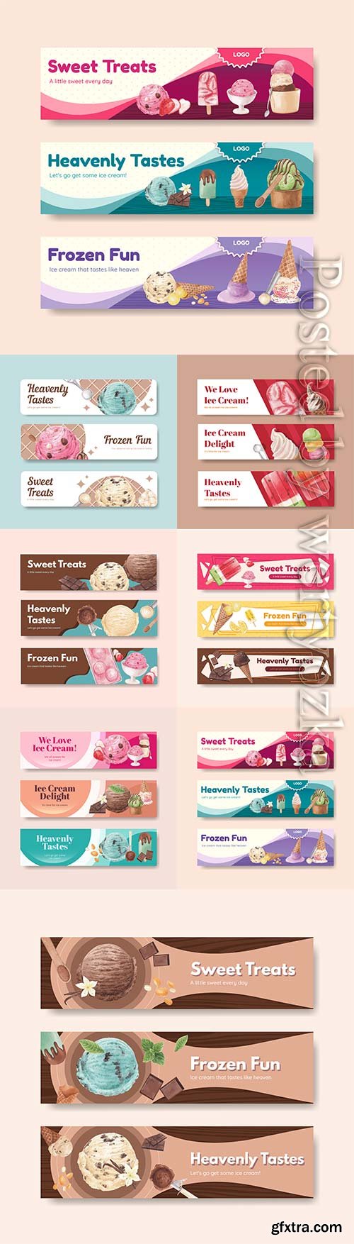 Banner vector template with ice cream flavor concept, watercolor style