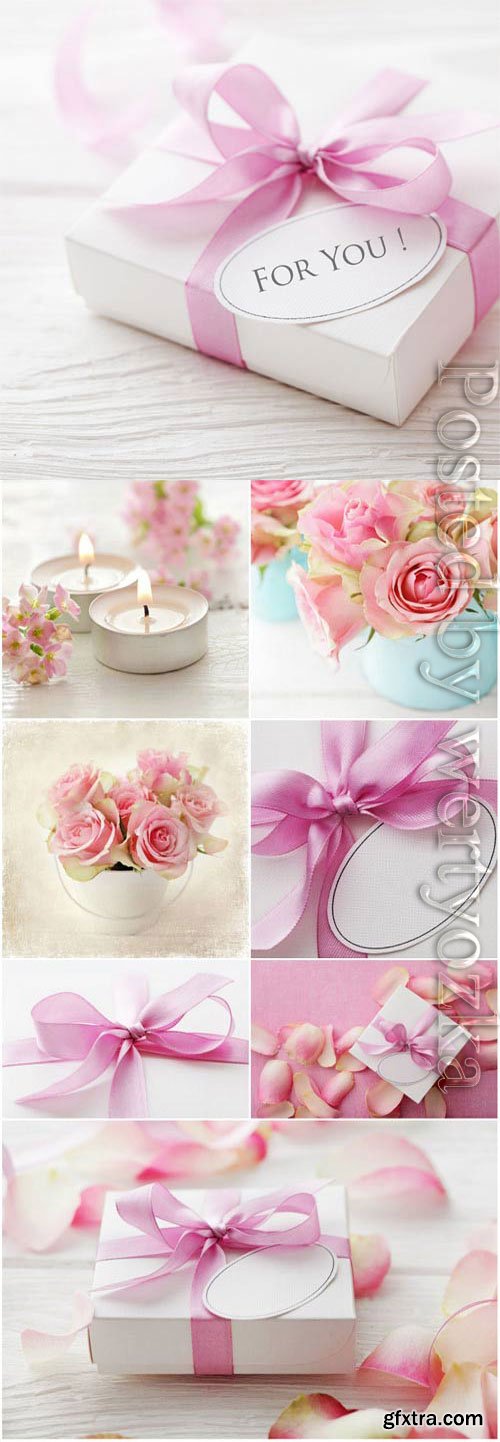 Romantic backgrounds with gift box candles and roses stock photo