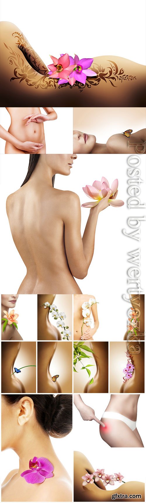 Beautiful female figure and flowers stock photo