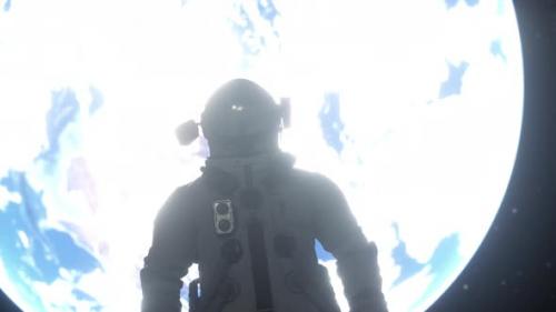 Videohive - Alone Astronaut Stands on the Surface of the Moon Against the Backdrop of the Planet Earth - 32695571 - 32695571