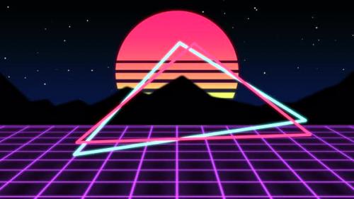 Videohive - Retro purple grid and big sun with triangles and mountains on futuristic background - 32698794 - 32698794