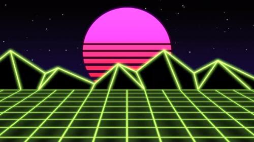 Videohive - Retro green grid and big sun with mountains on futuristic background - 32698823 - 32698823