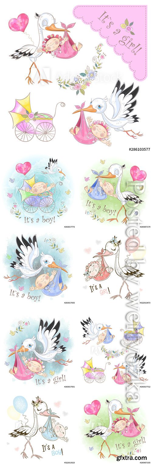 Stork with baby vector illustrations