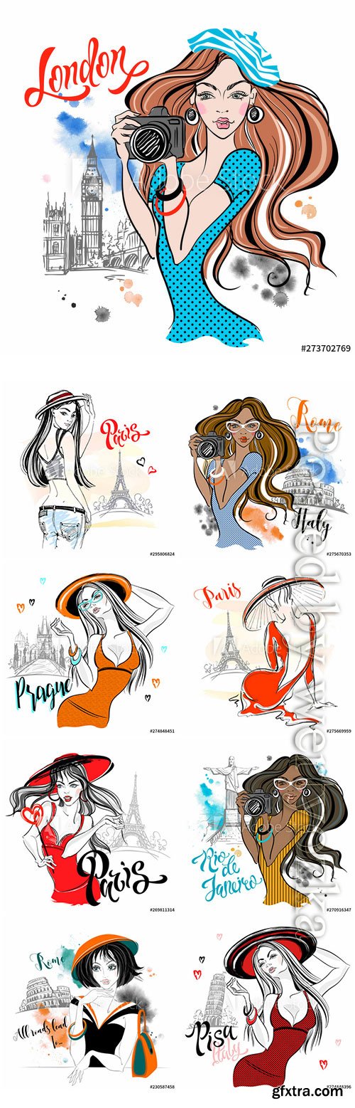 Girl tourist travels vector illustrations