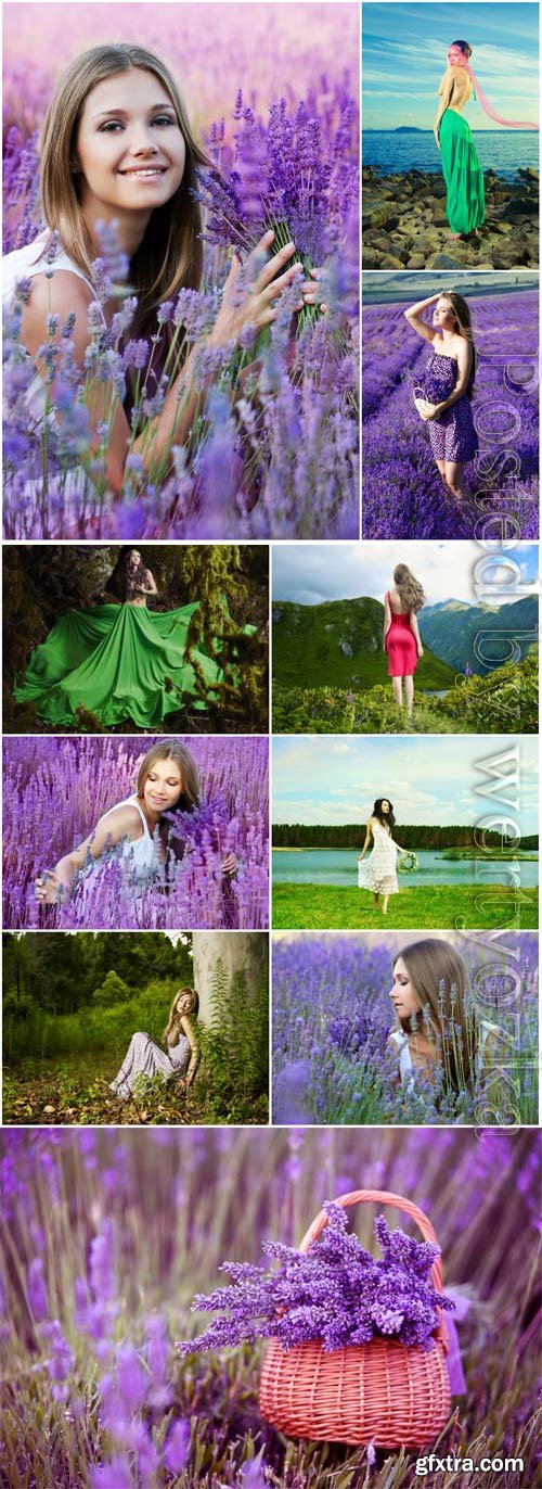 Girls outdoors, lavender field stock photo