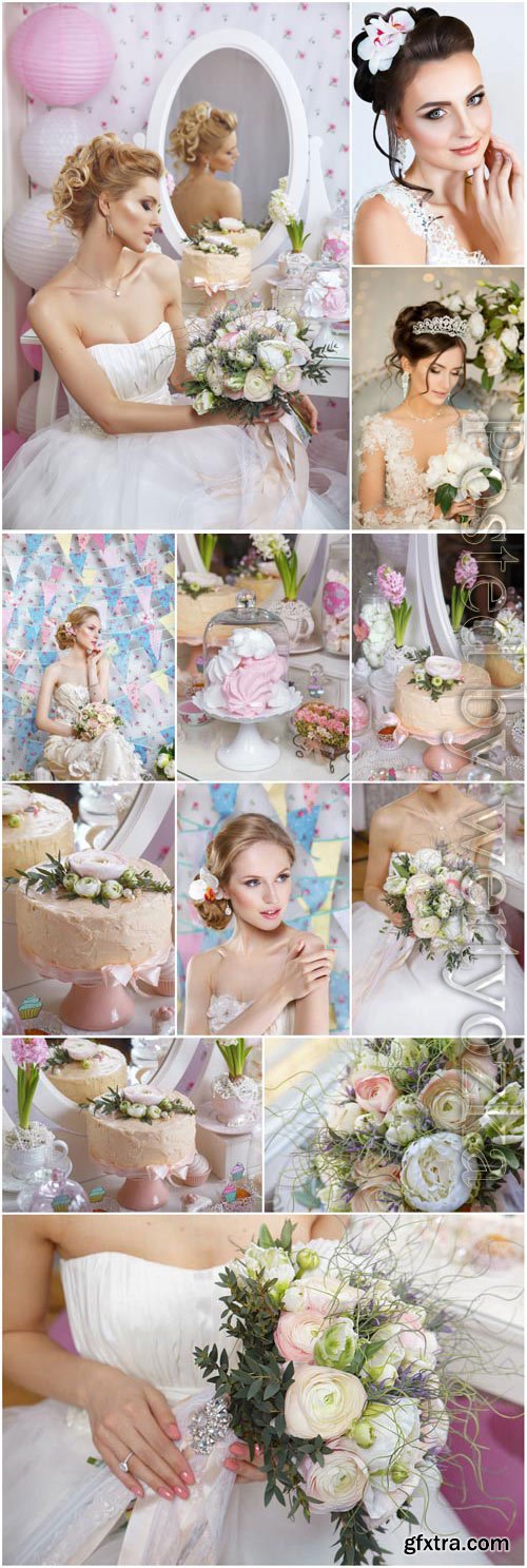 Beautiful brides with wedding bouquets stock photo