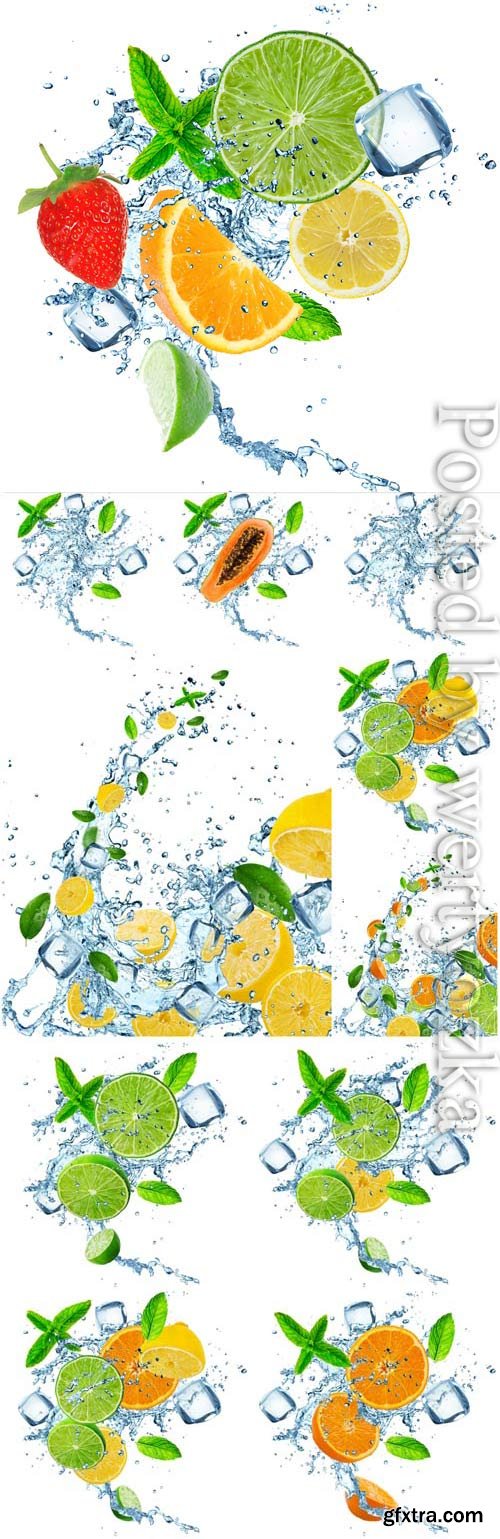 Fruit splashing water stock photo