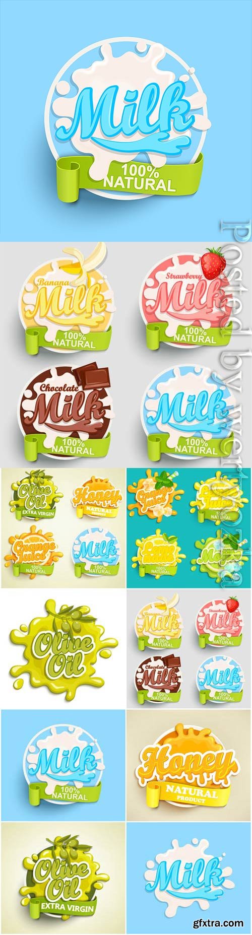 Fresh juice and milk stickers and labels in vector