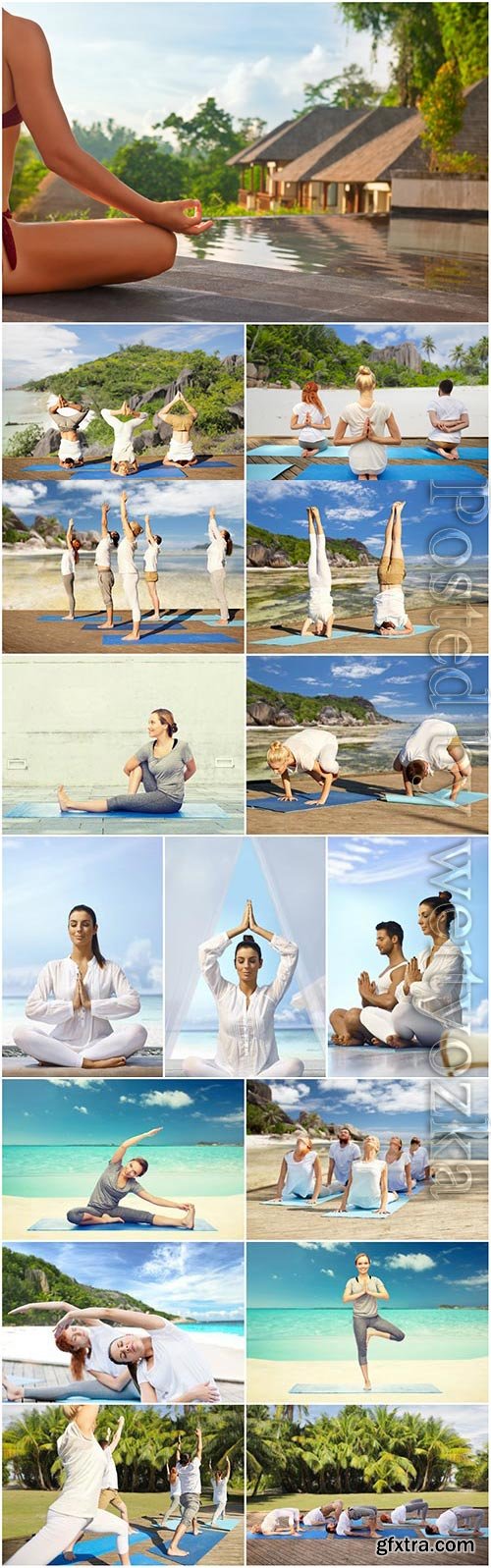 Yoga class in nature by the sea stock photo