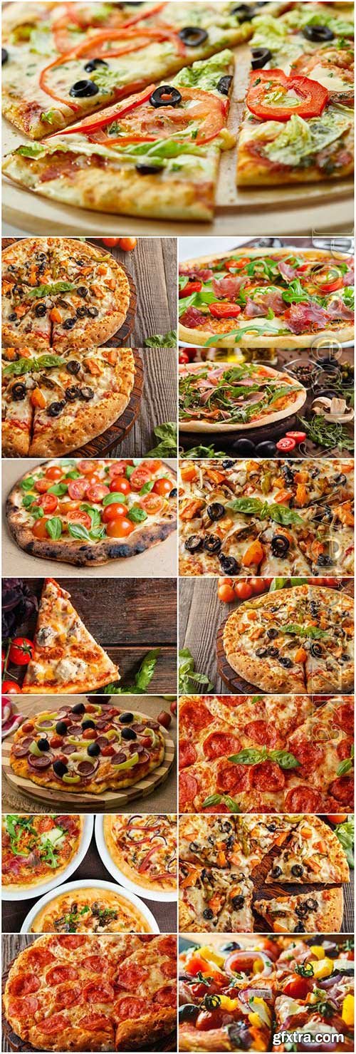 Pizza with various toppings stock photo