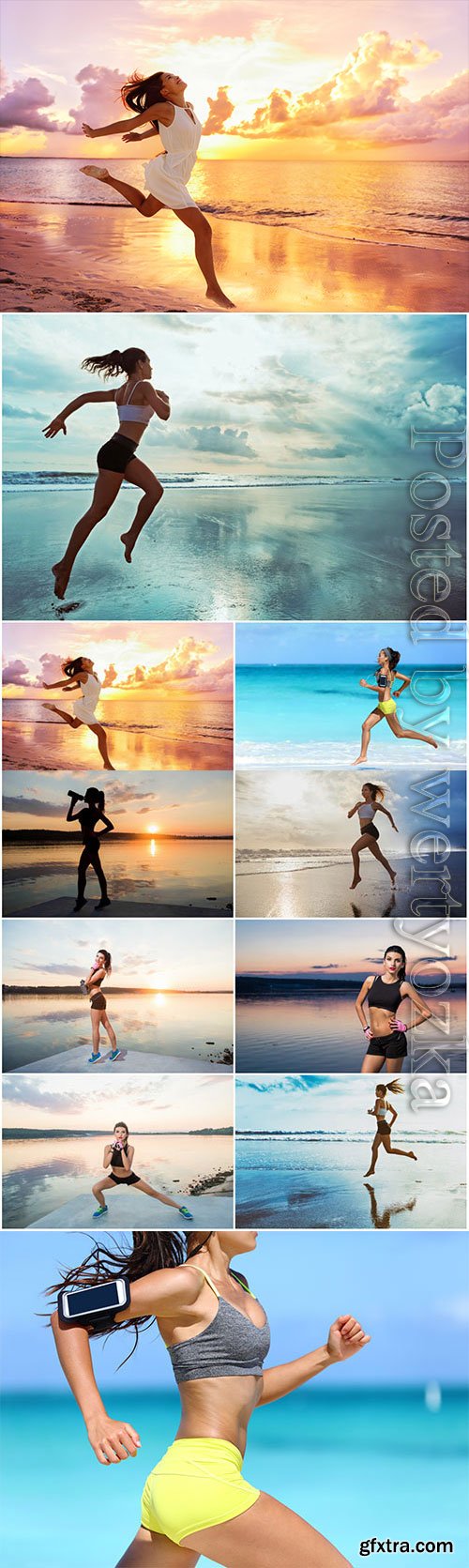 Girls doing sports by the sea stock photo