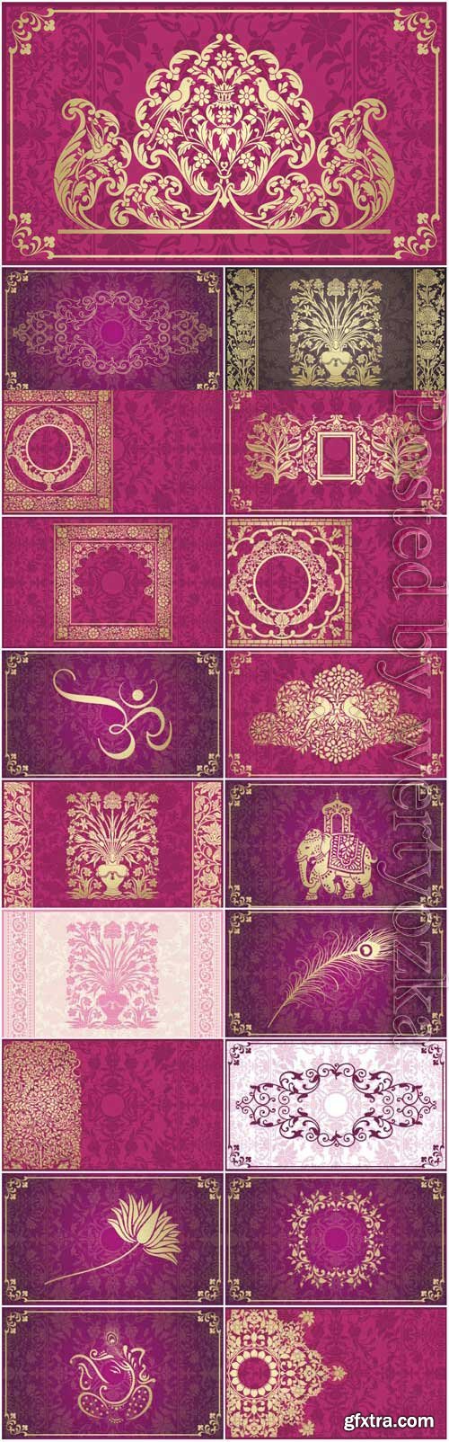 Pink indian backgrounds with gold ornaments in vector