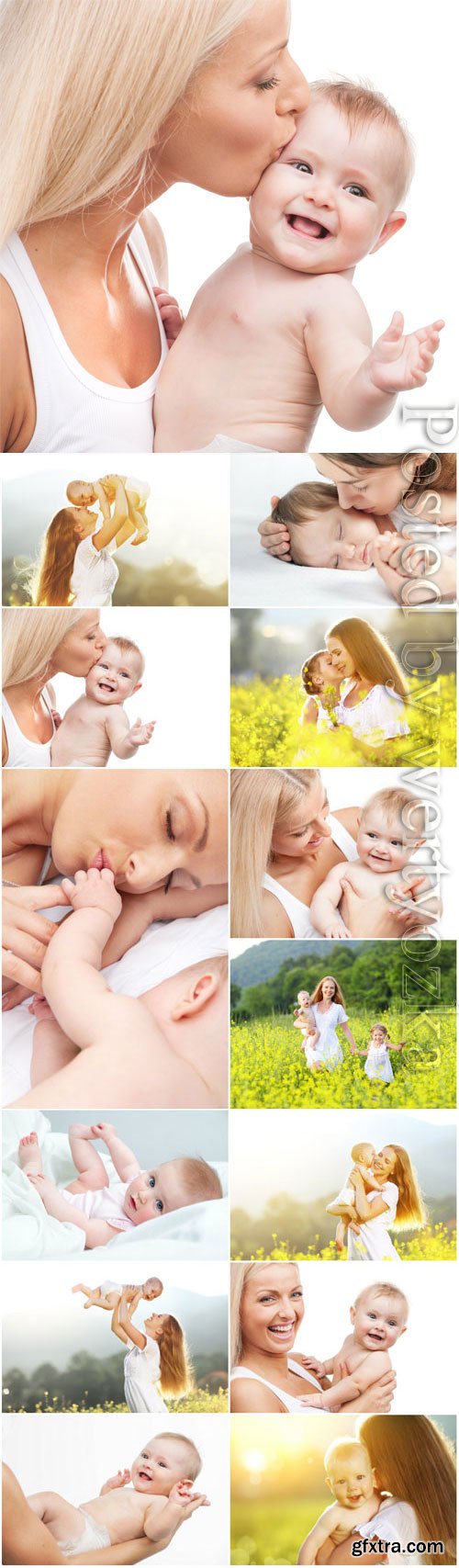 Mom and baby walking in nature stock photo