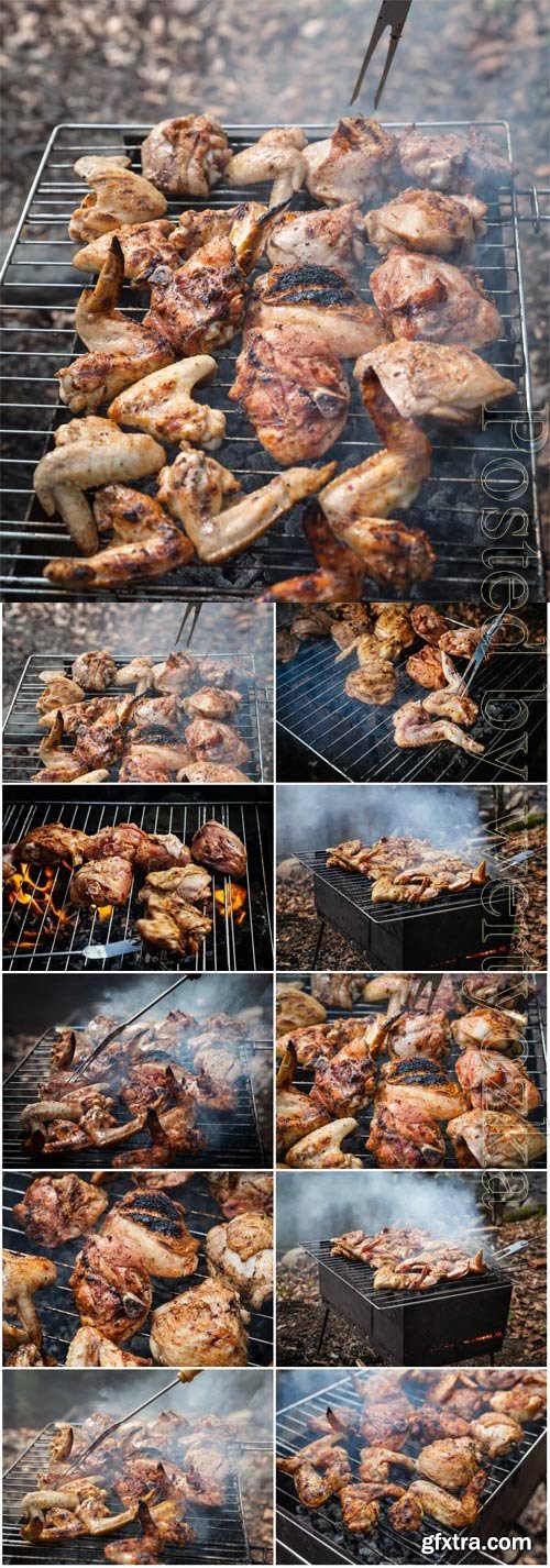 Fried chicken wings on the grill stock photo