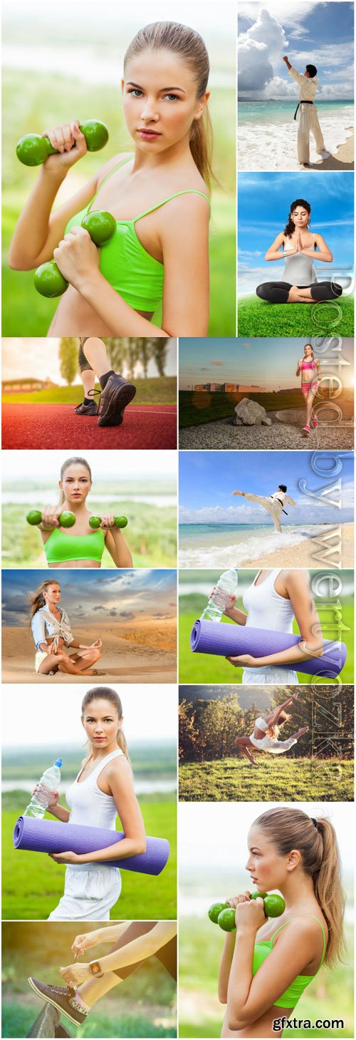 Girls doing sports in nature stock photo