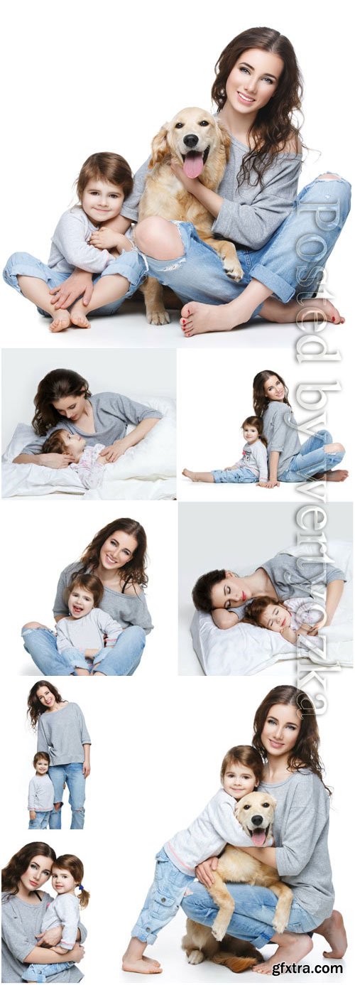 Young woman with baby and dog stock photo