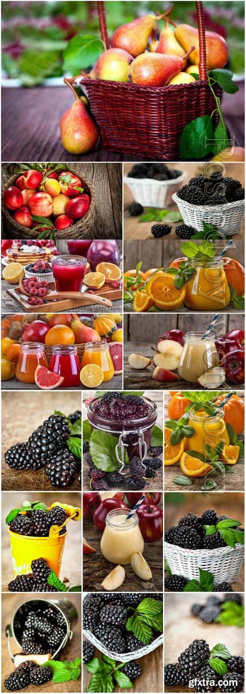 Fresh fruits berries and juices stock photo