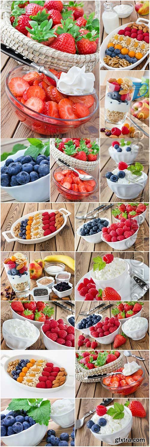 Strawberries raspberries blueberries, healthy breakfast stock photo